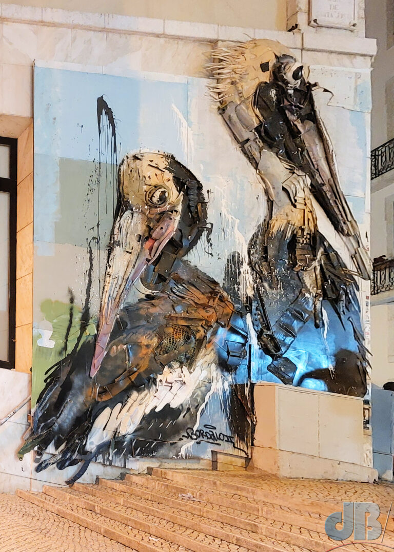  Two Pelicans In The Heart Of Lisbon by street artist Artur Bordalo. One of numerous installations in his Big Trash Animals collection.